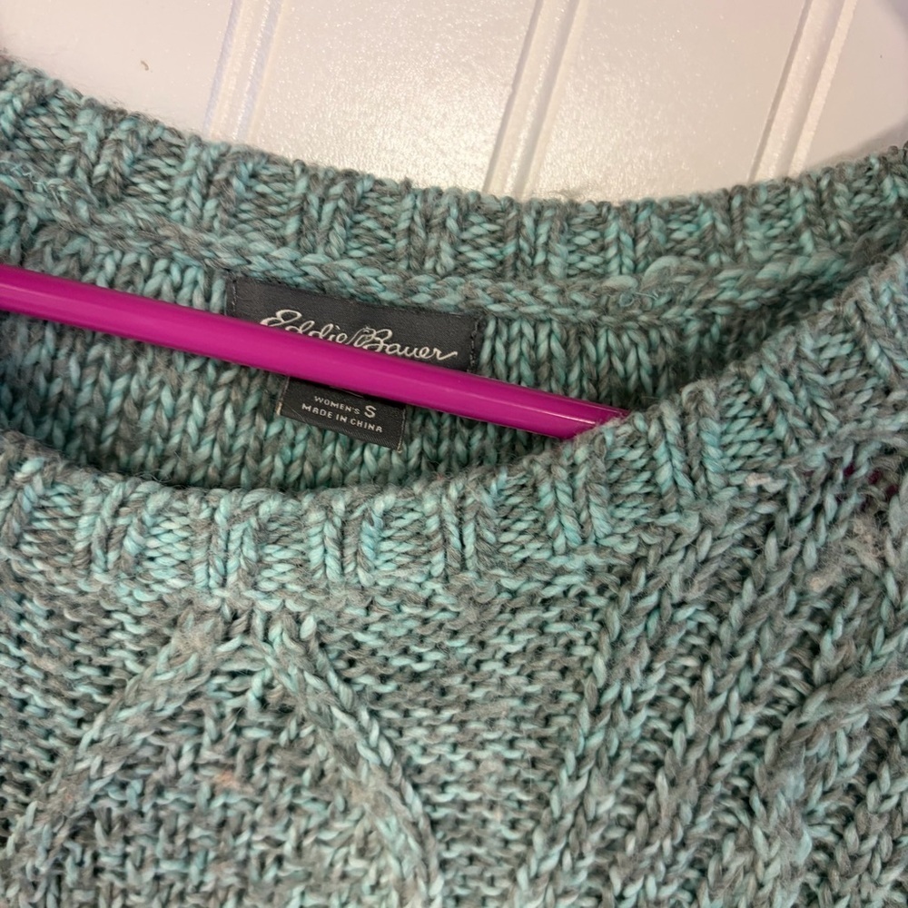 Eddie Bauer Teal Cable Knit Sweater Small Wool Blend - Picture 3 of 5